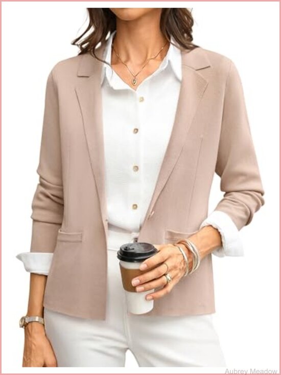 Jackets & Blazers - Women's Knit Blazer Cropped Lapel Collar Work Office Cardigan Jacket
